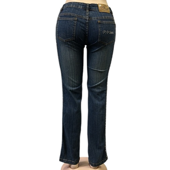 Platinum Plush Straight Leg Denim Studded Rhinestone Tuxedo Stripe Blue Jeans 7 - Picture 3 of 10